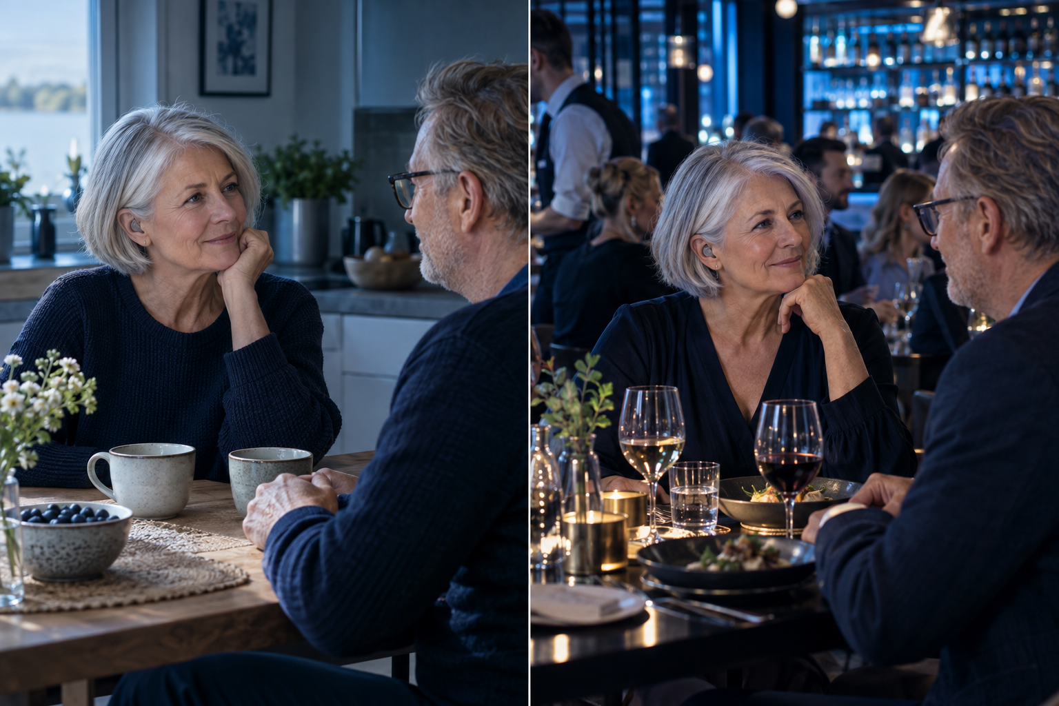 Illustration med den fiktiva Karin: samma samtal ställer helt olika krav vid köksbordet och i restaurangens sorl. Att höra en röst är inte alltid detsamma som att uppfatta orden.