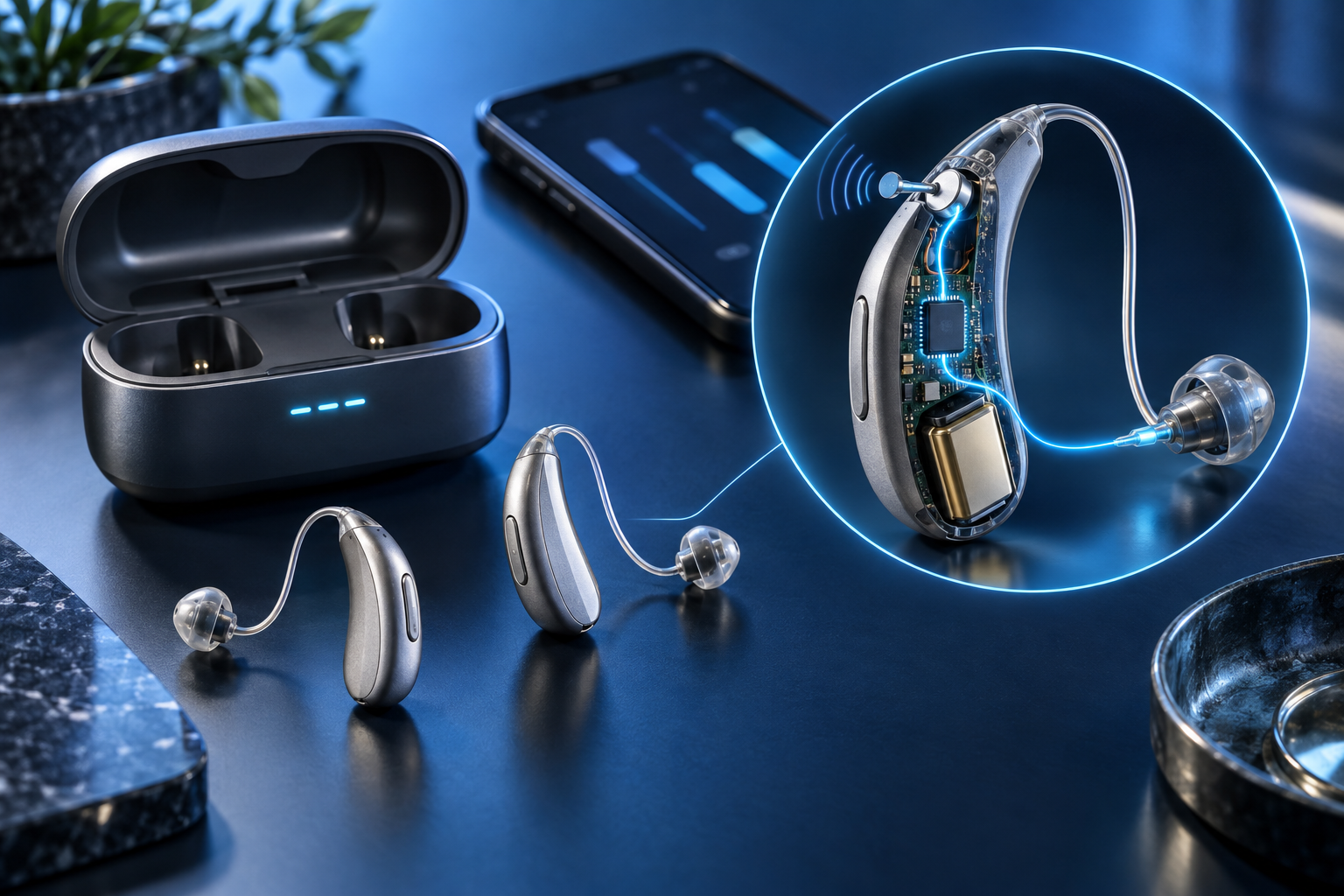 Teknisk illustration: den neurala ljudbearbetningen kan ske lokalt i hörapparaten, medan appen har andra uppgifter. Batteritiden behöver bedömas utifrån den aktuella modellen och hur den används under en hel dag.
