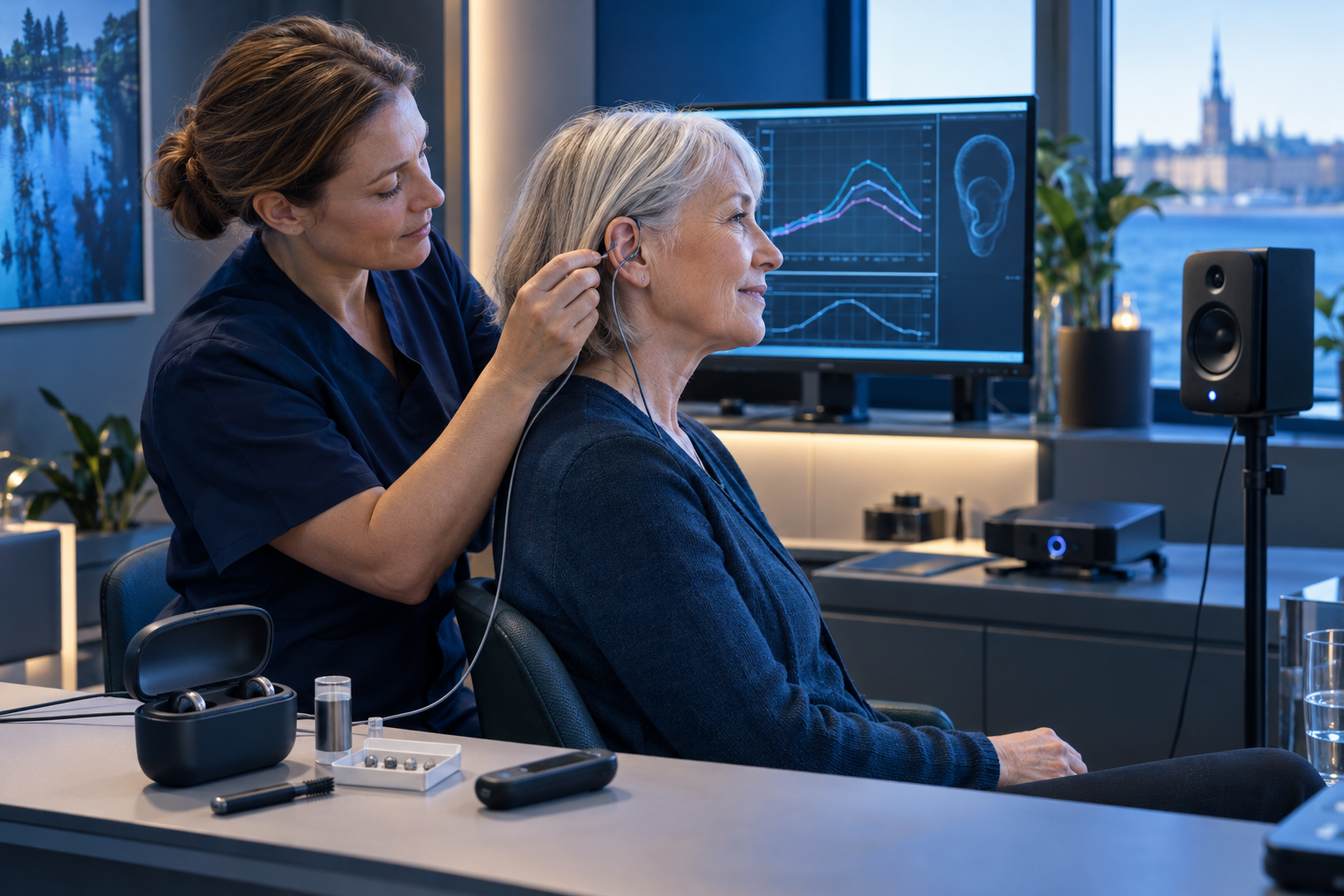 Illustration av real-ear-mätning, som hjälper audionomen att kontrollera förstärkningen i örat. Utprovning, uppföljning och service bör vägas in i totalpriset – inte bara själva apparaterna.