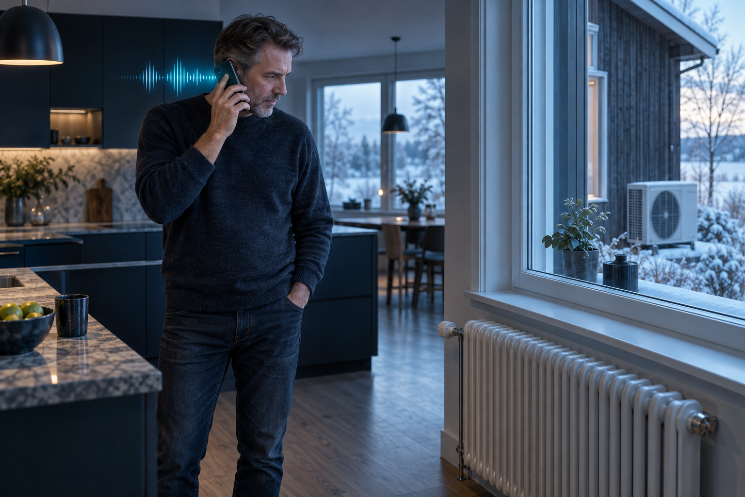 Illustration av ett efterfrågat samtal om värmepump. AI-assistenten samlar in grunduppgifter och bokar en mänsklig rådgivare, utan att själv lova pris eller energibesparing.