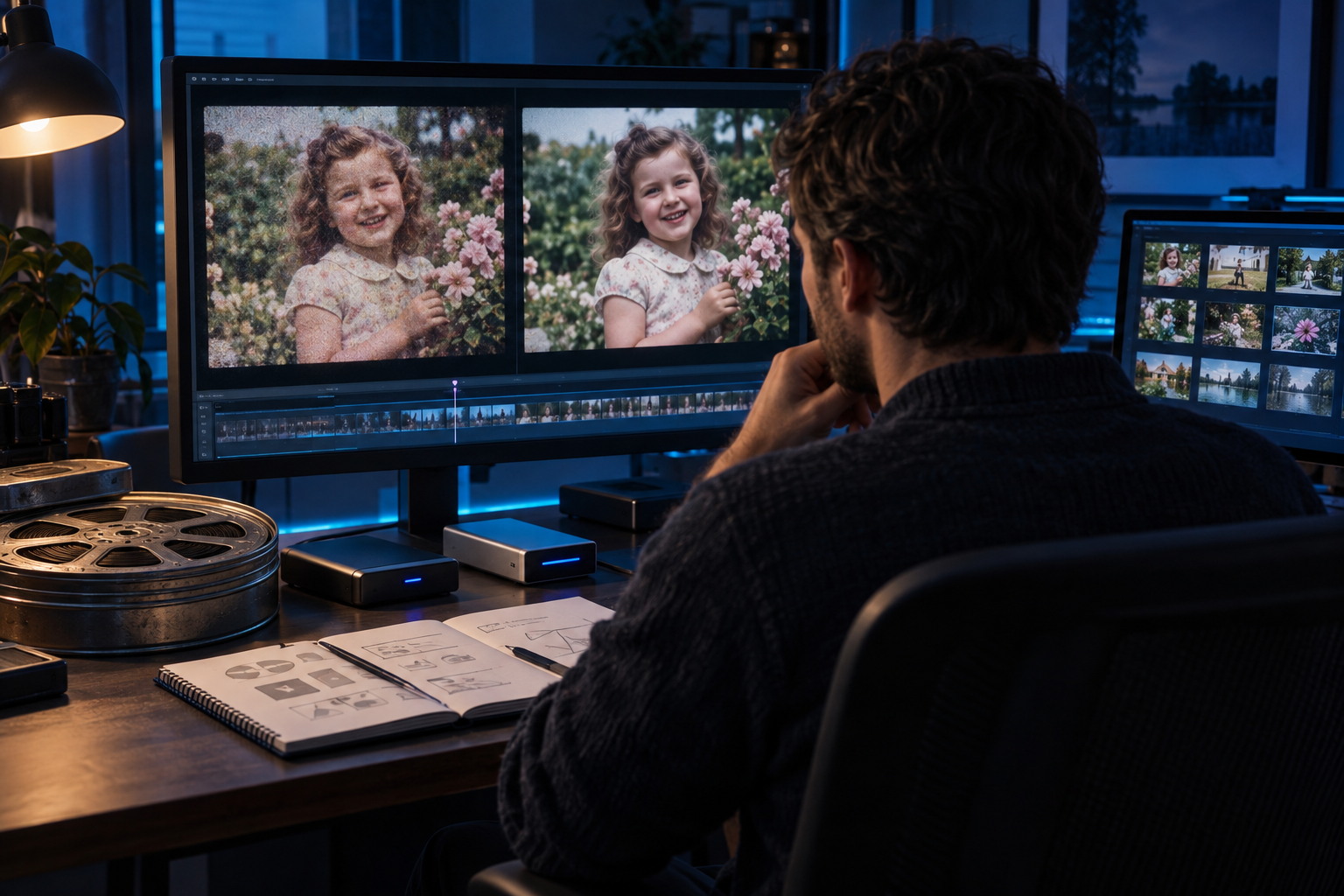Jämför versionerna i samma storlek och uppspelningshastighet, och spara underlaget separat från visningskopian. Illustration av ett varsamt arbetsflöde för familjefilm.