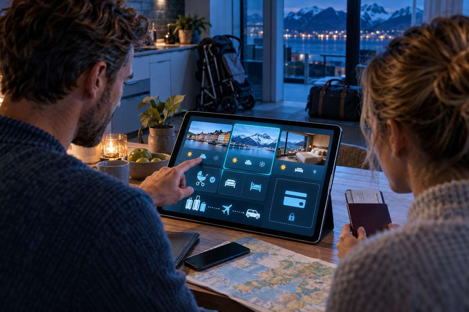 Illustration av reseplanering där AI väger samman kalender, väder och familjens behov. Nyttan ligger i kontrollerade alternativ och tydliga villkor – inte i att betala utan att fråga.
