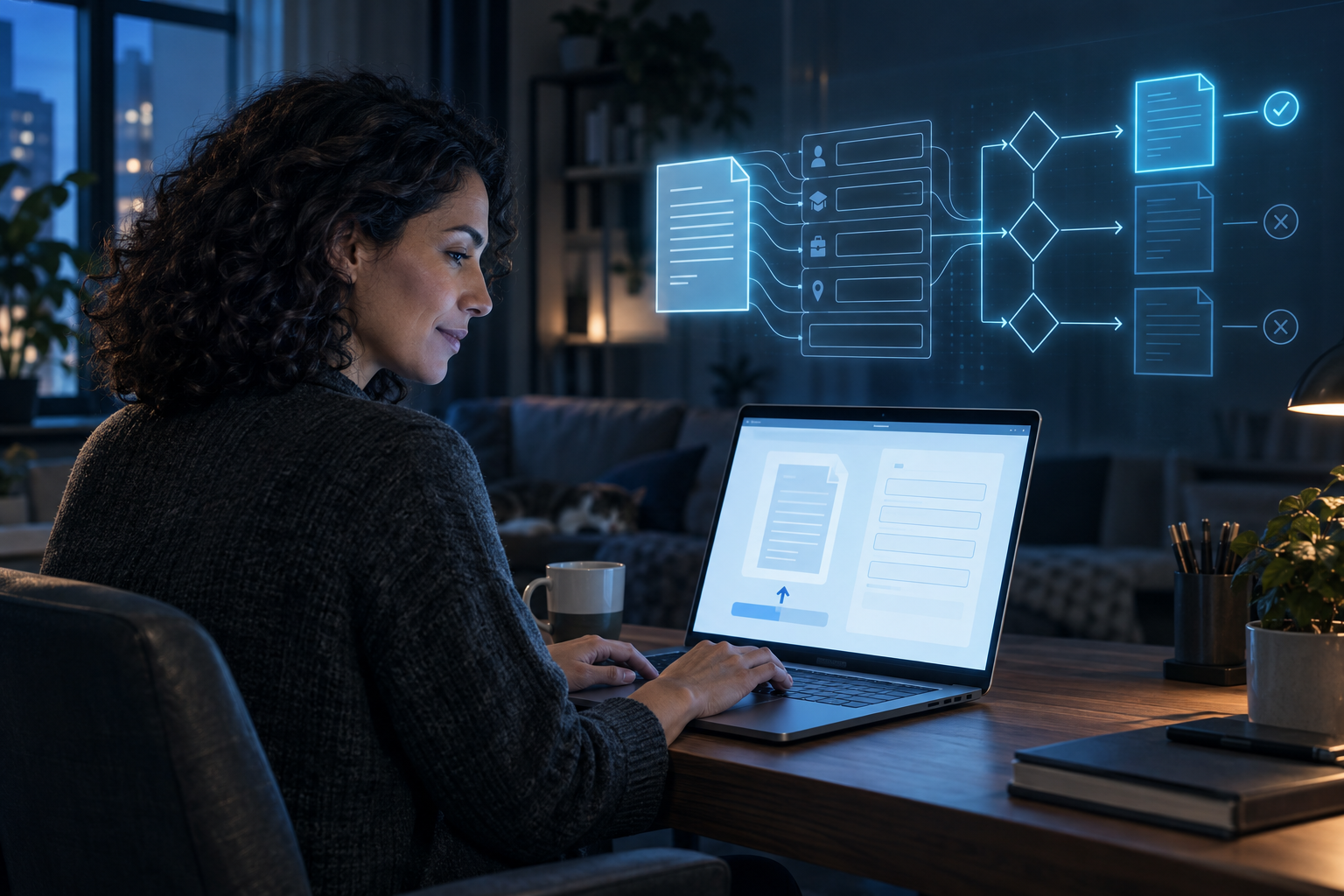 Illustration av den fiktiva Samiras ansökan. Ett rekryteringssystem kan strukturera uppgifter och filtrera kandidater med fasta regler utan att AI bedömer deras meriter.